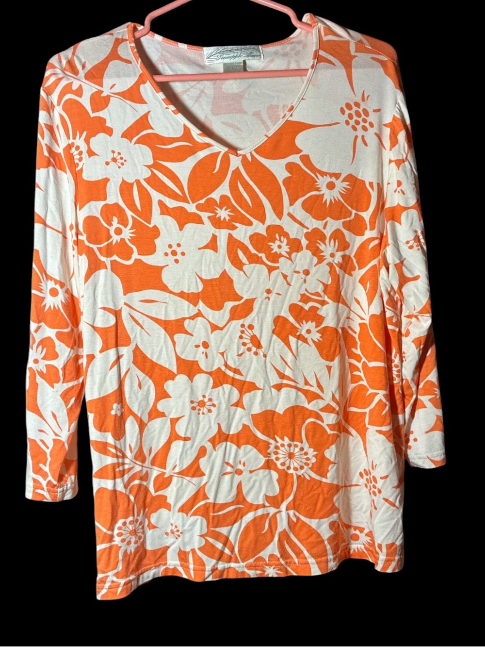 Pineapple Moon Orange White Tropical Floral Rayon Knit Top XXL